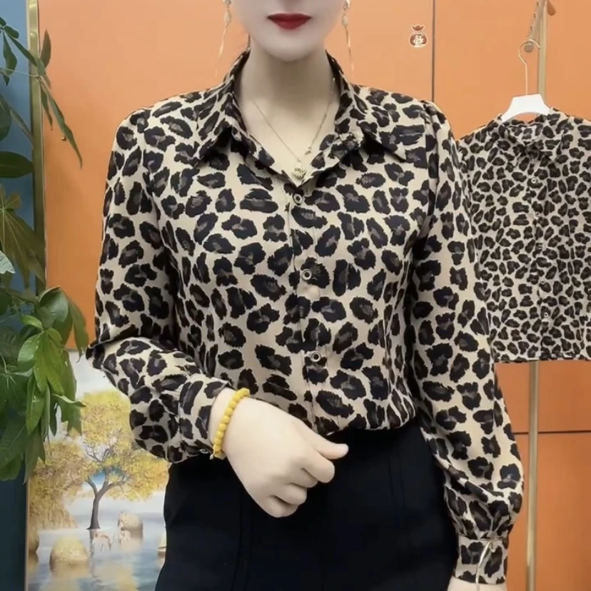 春秋季翻领显瘦衬衣百搭女士长袖豹纹衬衫女装气质休闲上衣女小衫