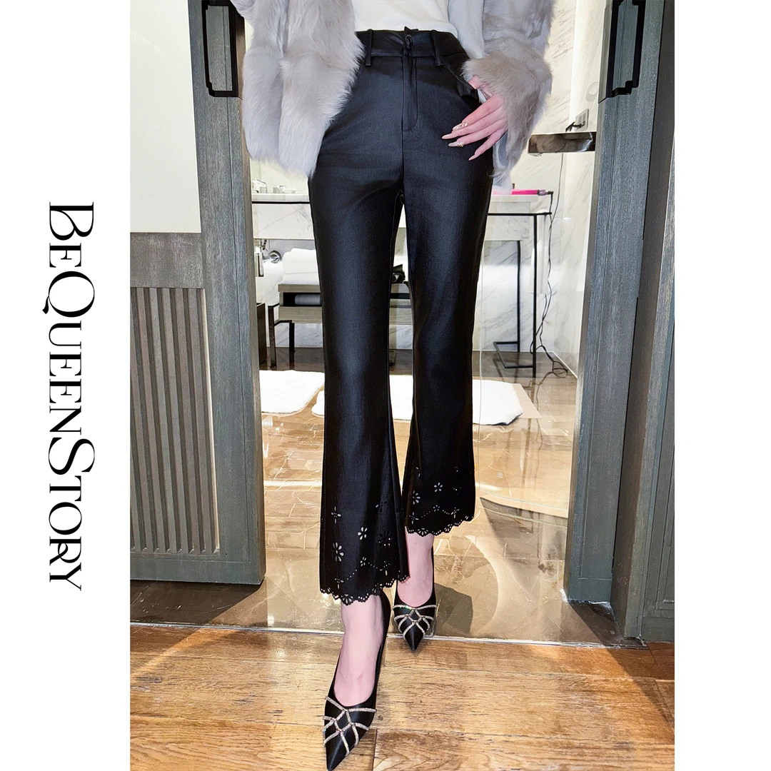 余潇潇【时髦腿精】时尚百搭花型镂空刺绣工艺微喇九分休闲皮裤早秋