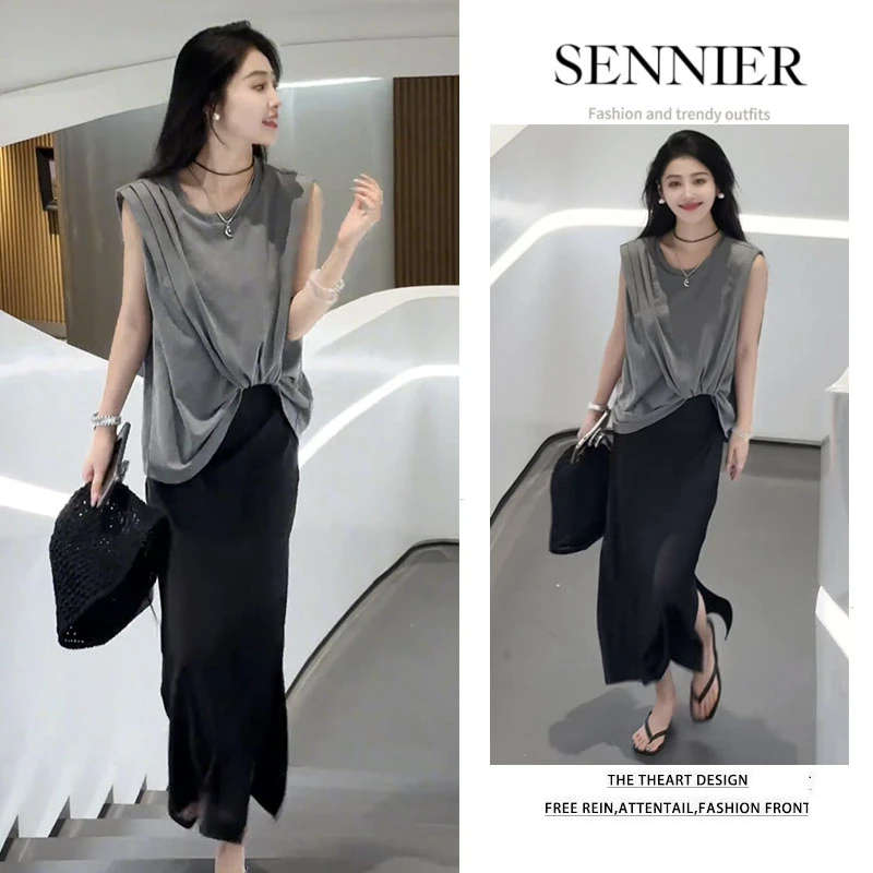 时尚穿搭女2025夏季新款洋气小众气质无袖上衣开叉半身裙两件套装