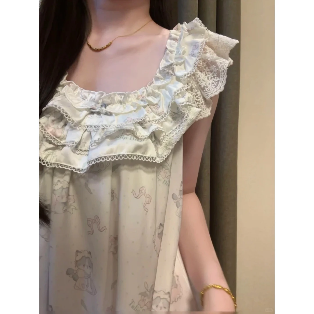 甜美纯欲小猫蕾丝边冰丝吊带睡裙女夏季背心连衣裙外穿裙子家居服