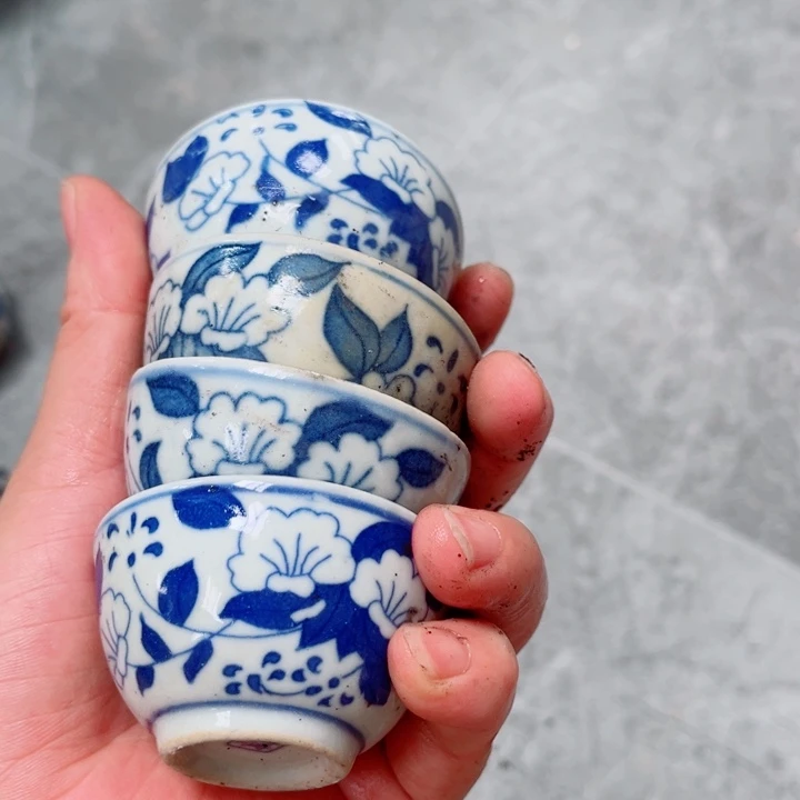 青花玲珑寒窑小杯4个牡丹花