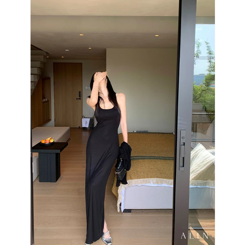 阿琳ALIN【卡戴珊裙】黑色针织吊带连衣裙夏季气质修身裙子AL5EBL10