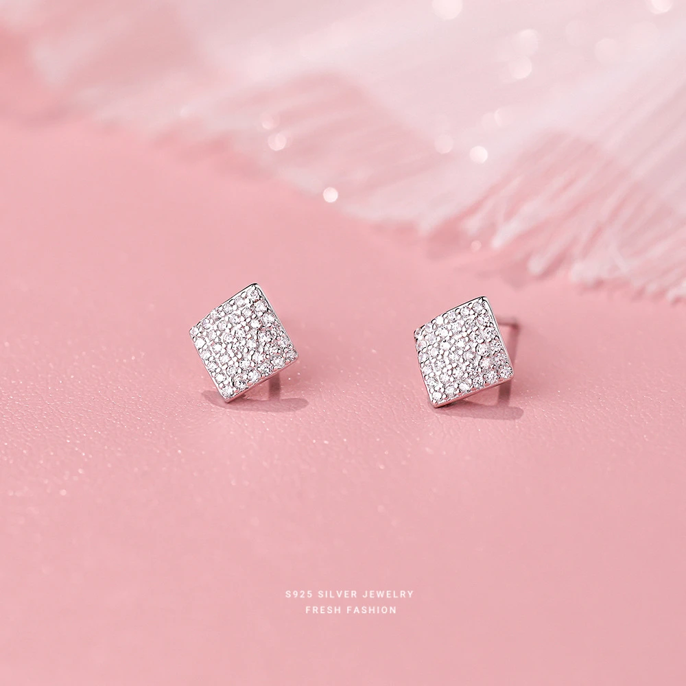 爆闪微镶满钻菱形耳钉女s925纯银时尚百搭轻奢几何耳饰韩版简约
