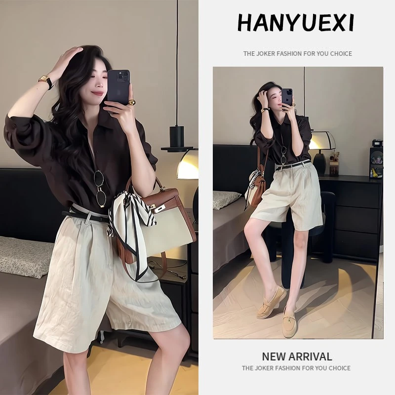 夏季一整套女装2025新款韩版时尚显瘦减龄气质长袖上衣短裤两件套