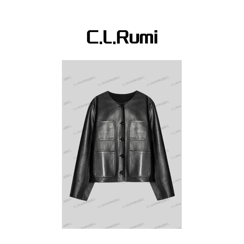 【燕子甄选】“维港”琎口羊皮轻奢宽松明线多口袋圆领皮衣外套7064wt