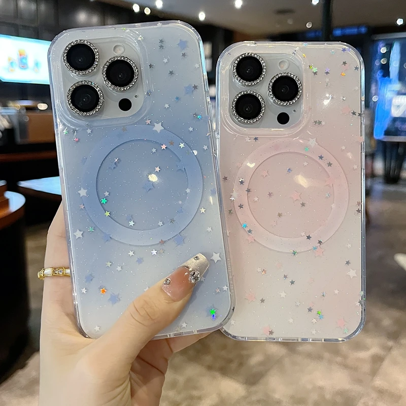 适用苹果系列iPhone16新款手机壳时尚感蓝色星星闪粉半包大孔磁吸