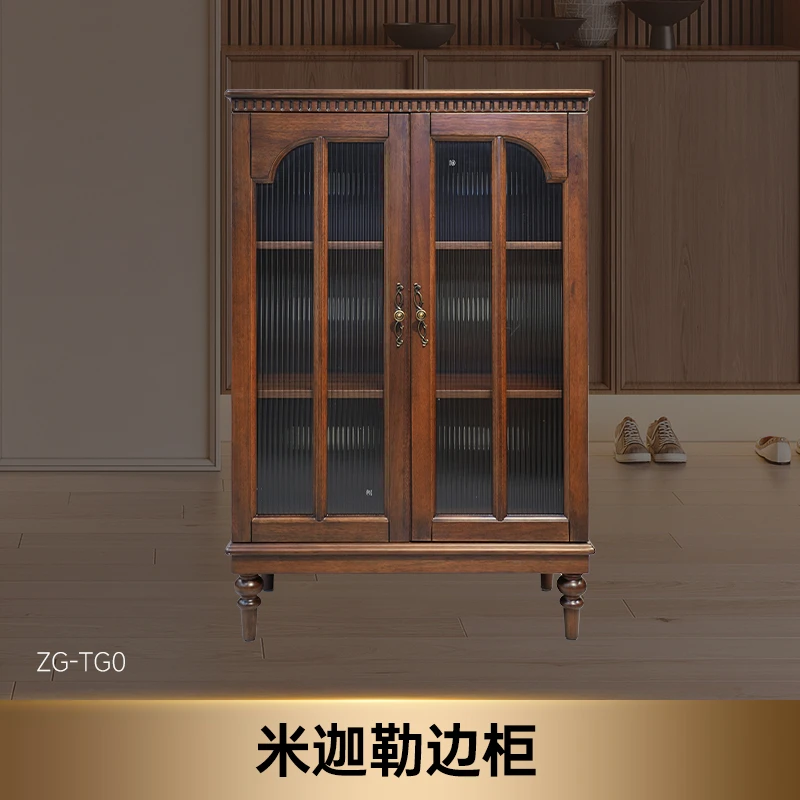 米迦勒法式实木储物柜中古风手工雕刻厅柜美式经典高脚玻璃边柜