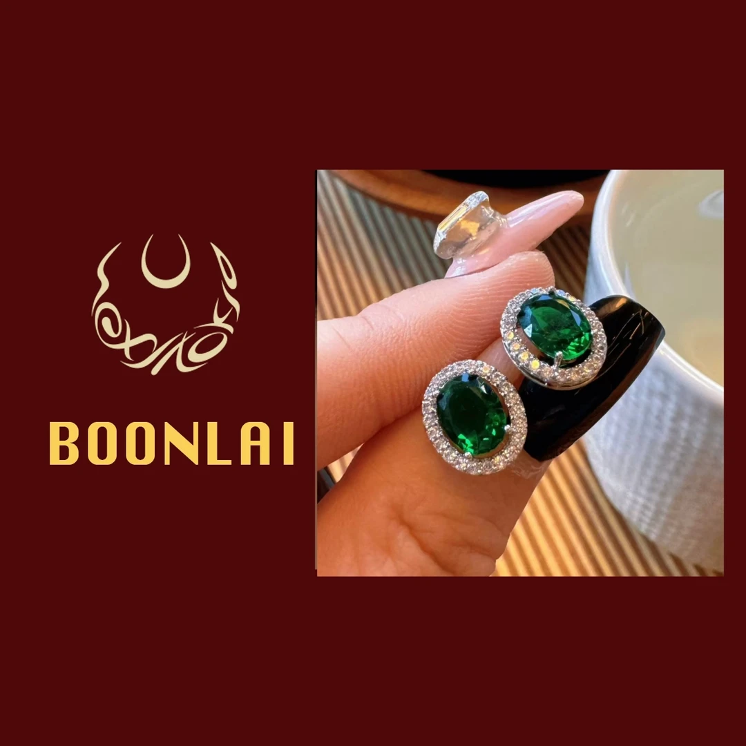 铜合金锆石耳饰 Boonlai 绿色椭圆镶钻耳环1501