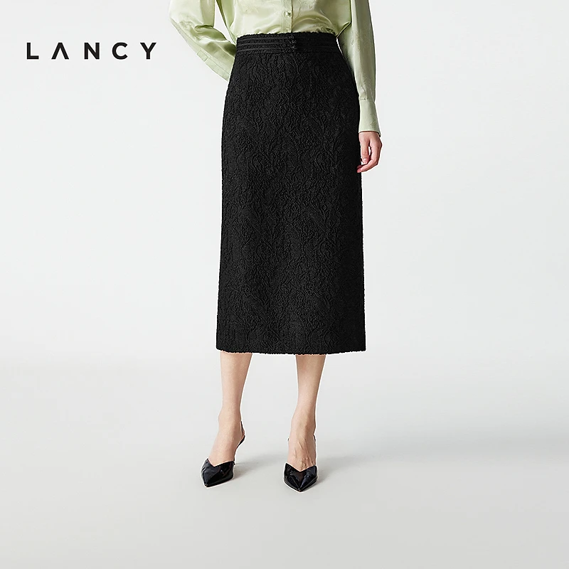 LANCY/朗姿2025冬季新款新中式羊毛提花盘扣直筒裙气质黑色半身裙