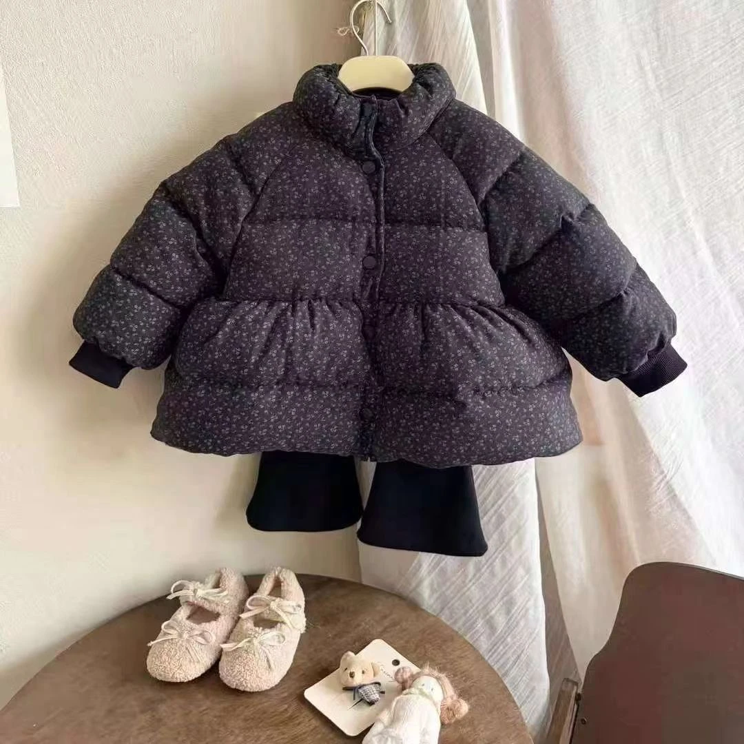 女孩加绒加厚外套2025冬季新品韩版童装立领保暖复古碎花女童棉服