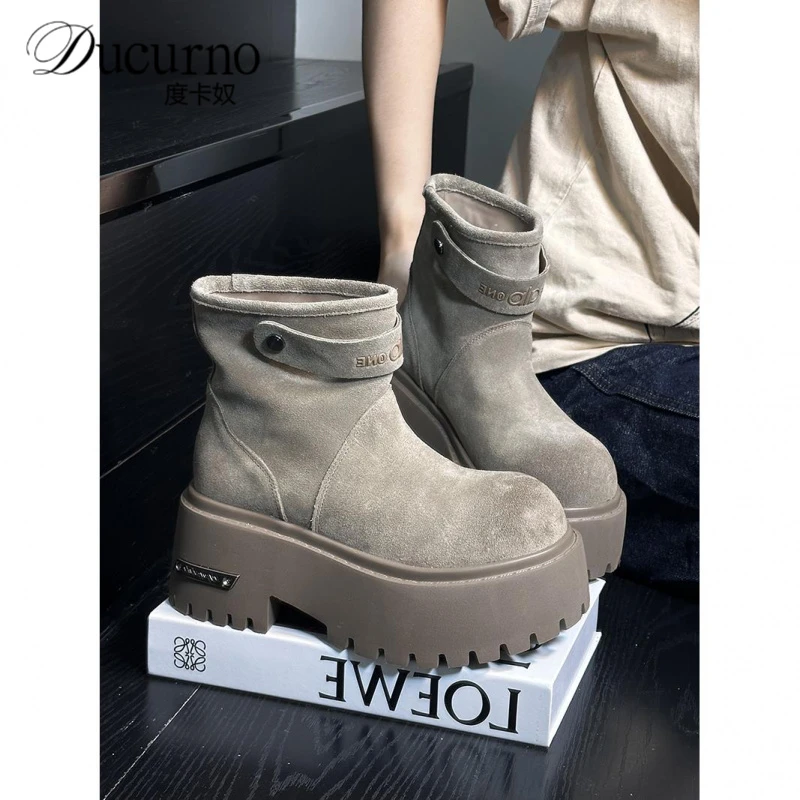 牛皮时尚大头松糕厚底切尔西短靴女复古百搭小个子增高机车马丁靴