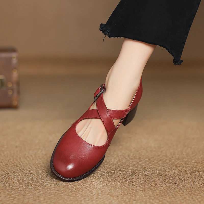 5cm粗跟中跟玛丽珍鞋软底真皮百搭晚风红色单鞋浅口黑色上班鞋40