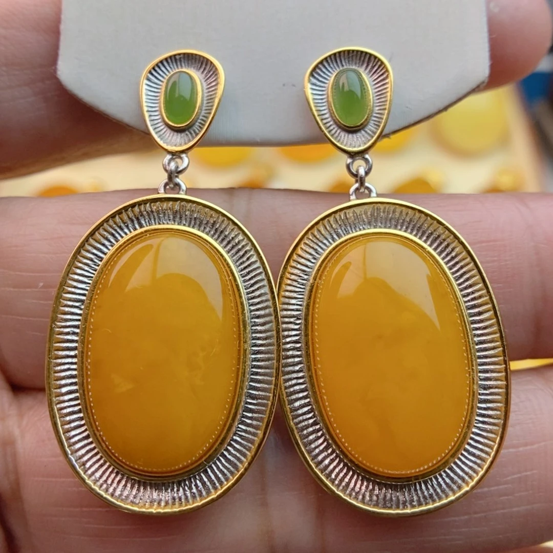 琥珀耳饰银S925镀金镶嵌