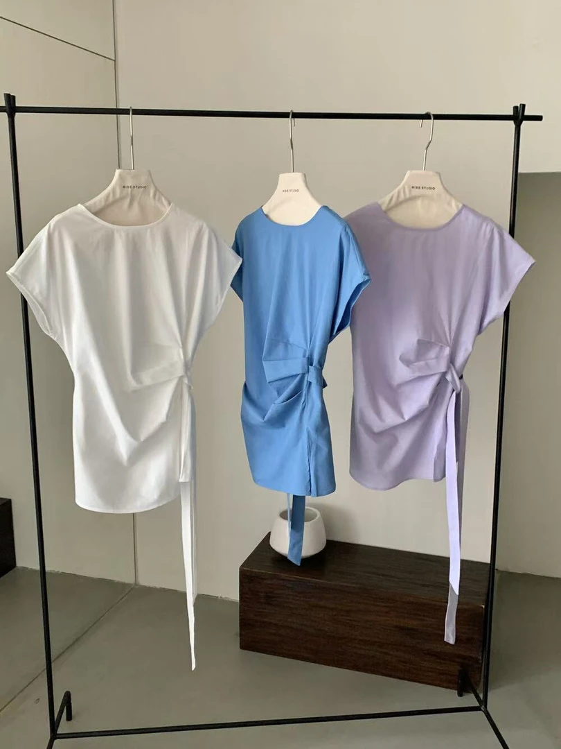 密思@645 韩系简约气质侧绑带开叉显瘦上衣 7-1