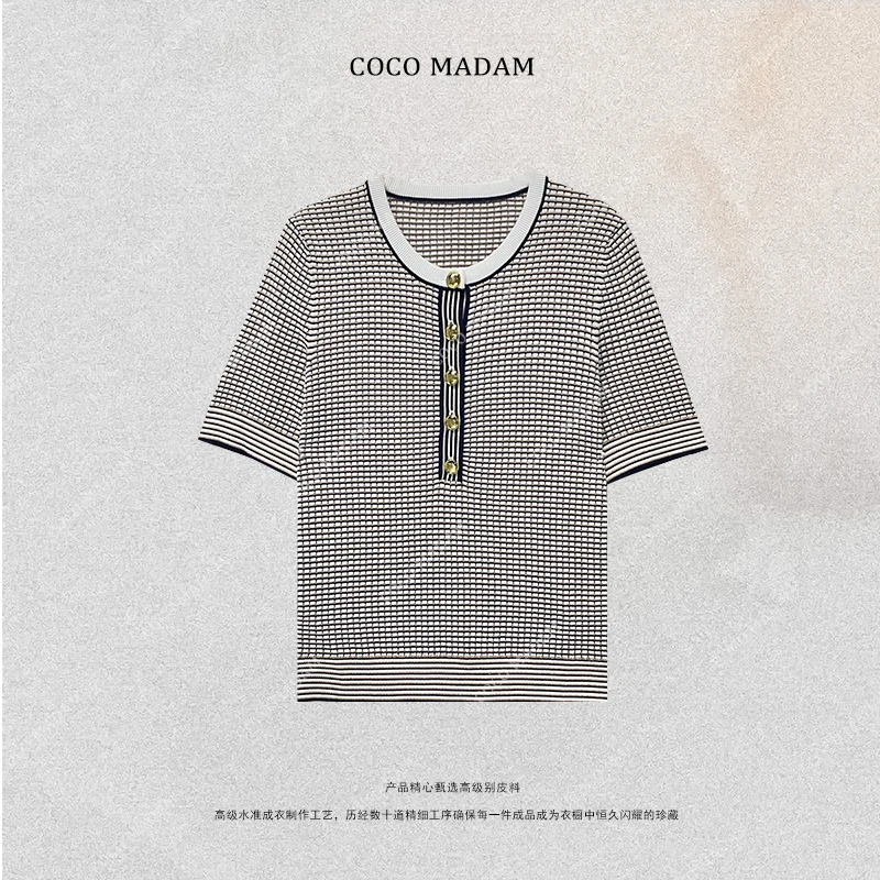 NIUNIU ·T-636 时尚圆领格子排扣短袖T恤上衣