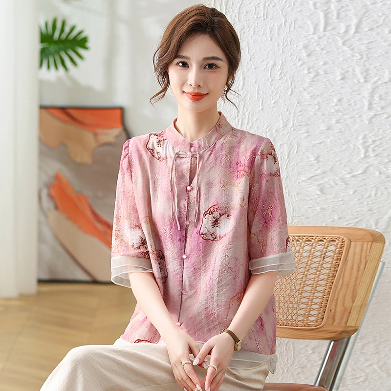 新中式妈妈夏装短袖T恤时尚中老年女装夏季国风小衫洋气碎花上衣