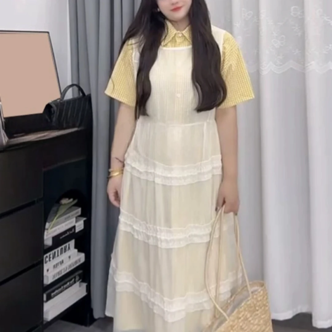 孙优秀推荐叠穿格子衬裙衫木耳边背心裙子新款显瘦宽松大码女装