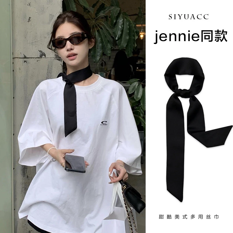 jennie同款黑色丝巾2025新款韩版甜酷少女百搭丝带飘带领巾jk围巾