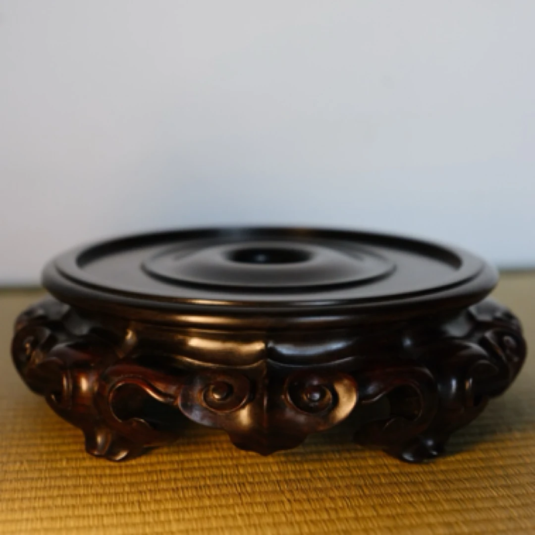 可放圈足14公分直径的圆形底座 摆件 微凹黄檀 两块木 手雕 打蜡