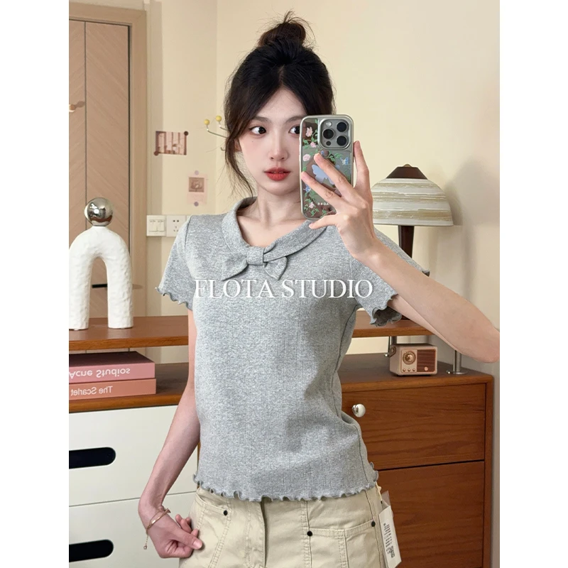 【flota】正肩显瘦设计感翻领蝴蝶结短袖t恤女木耳边短款上衣2032