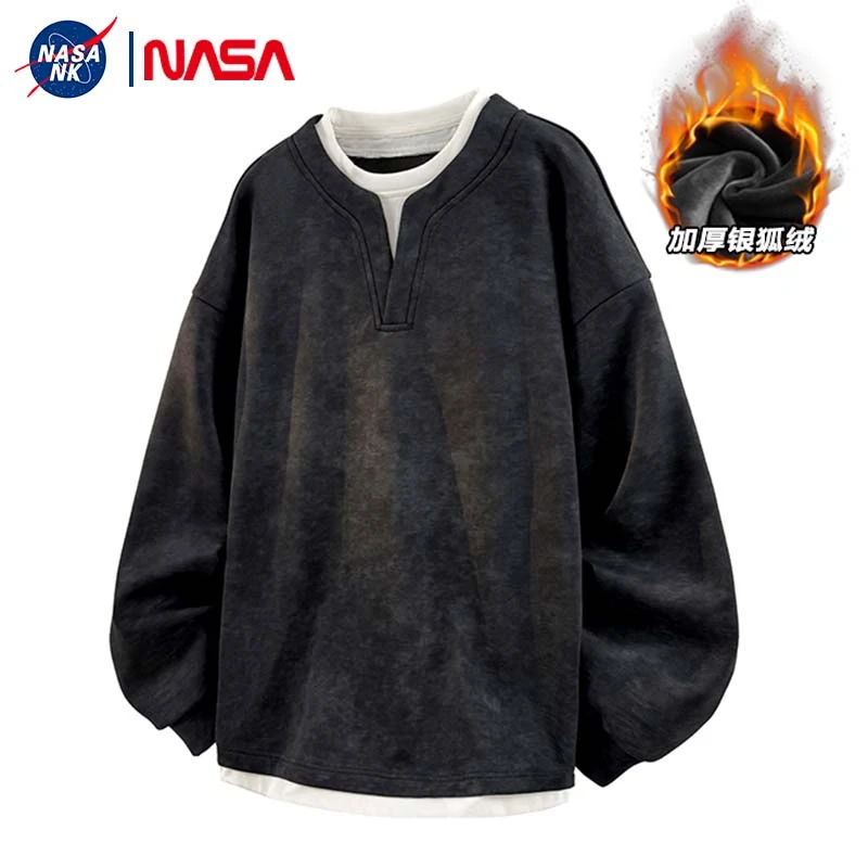 NASA联名假两件扎染长袖卫衣男款秋冬季潮牌美式宽松百搭休闲上衣