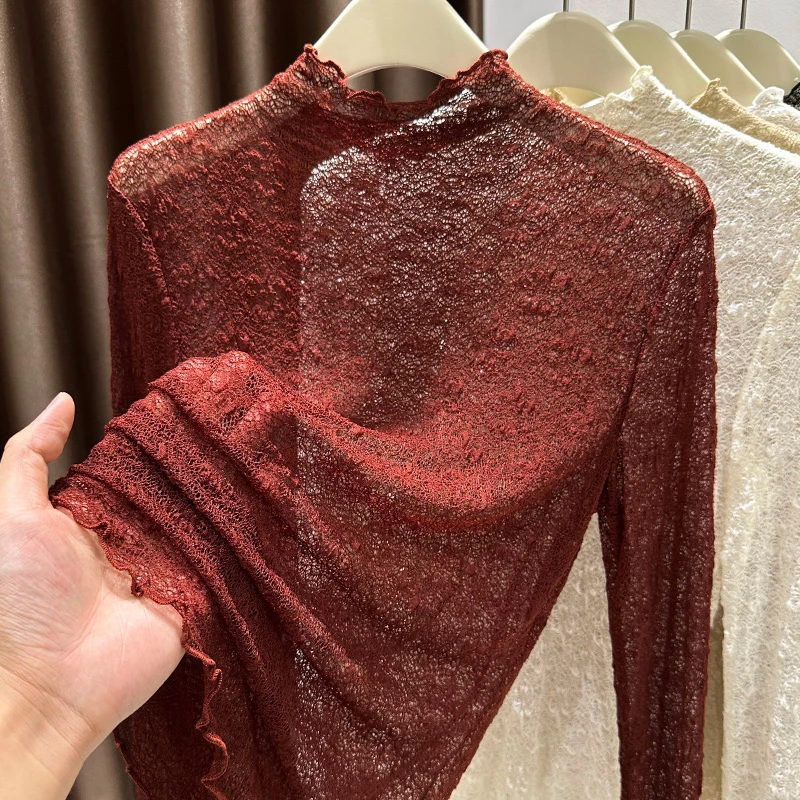 安可拉红蕾丝性感打底衫女秋季新款半高领内搭高级感轻薄网纱上衣