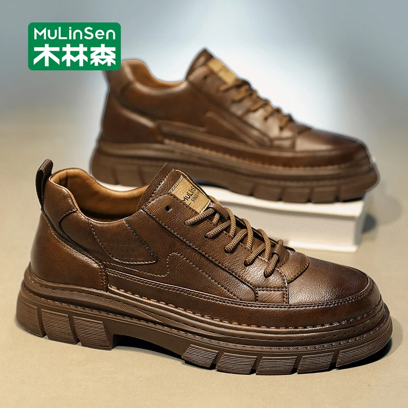 木林森男鞋潮牌高级感复古英伦男休闲皮鞋春秋新款一脚蹬工作板鞋
