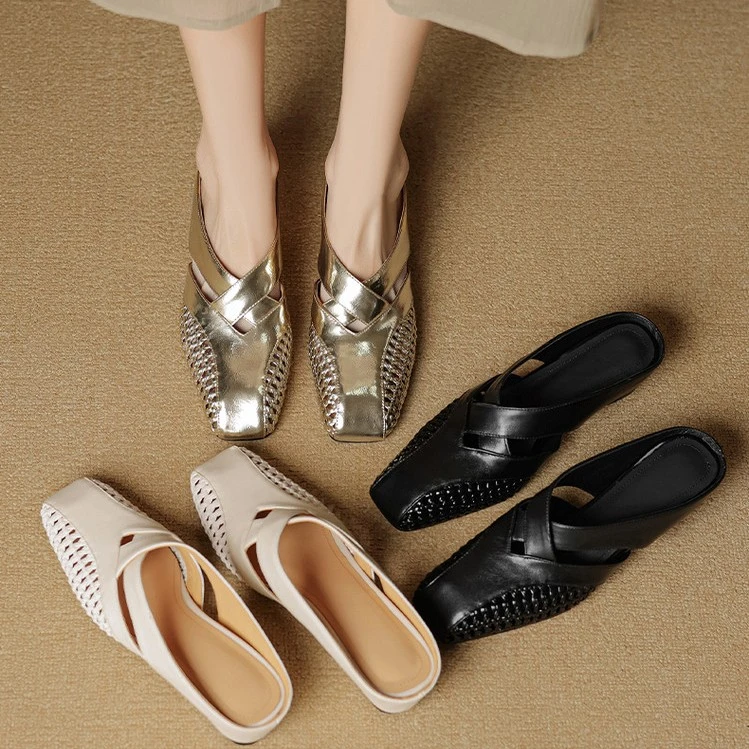 【指念】法式编织包头镂空包头拖鞋女中跟时髦小姨风透气网面凉鞋