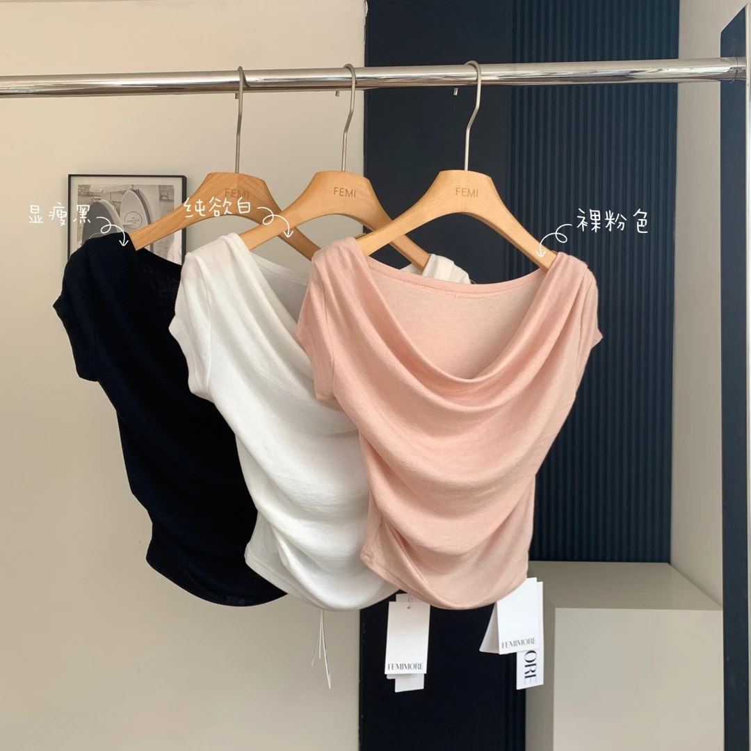 裸感天丝羊毛斜肩纯欲修身短袖T恤夏
