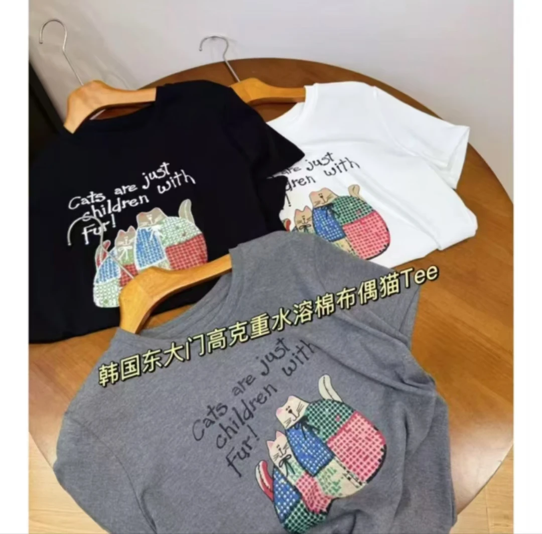 滨莉家【胖猫】260高克重工水溶棉短袖棉T恤