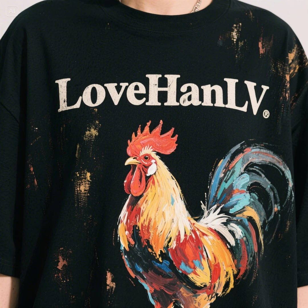 汉缕潮牌男女同款纯画师手绘涂鸦短袖t恤生肖系列(胶绘鸡)重镑