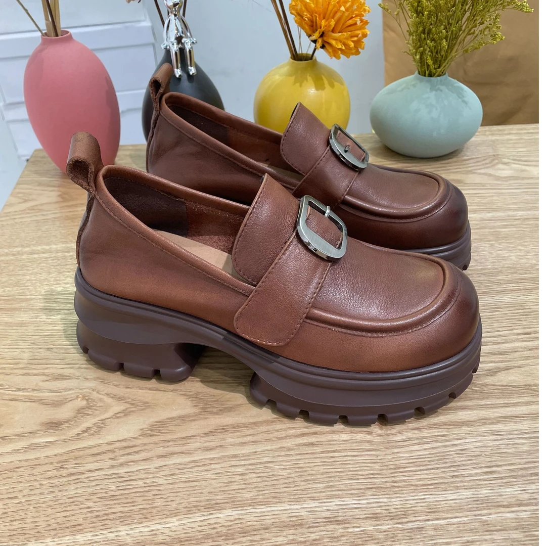 头层牛皮圆头厚底乐福百搭休闲鞋舒适像素发泡轻底时尚复古简约