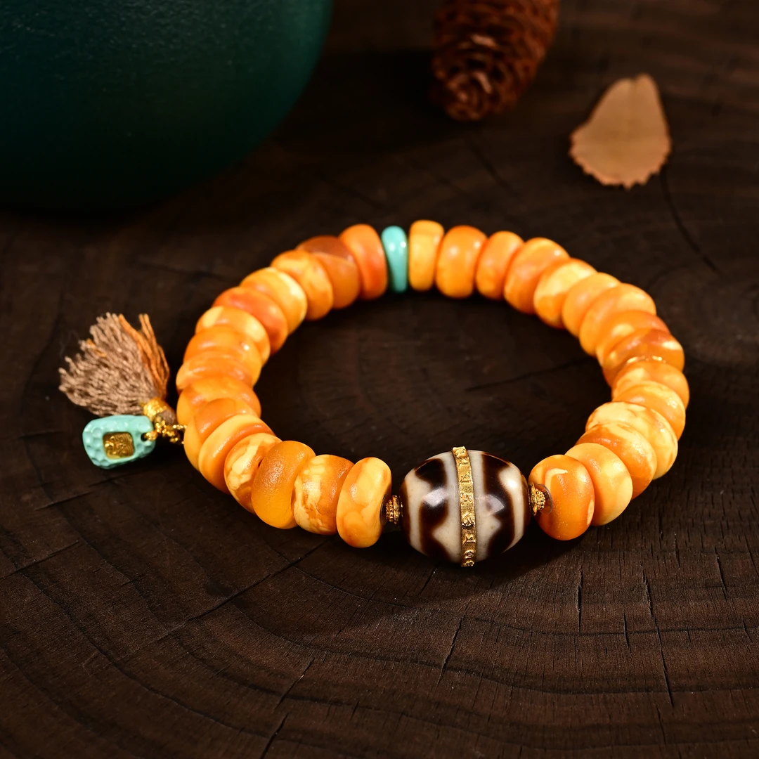 【熊总夫妇】蜜蜡花蜡饼子水纹珠diy手串