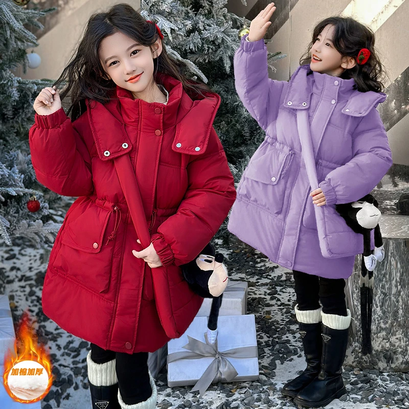 女童加厚棉服秋冬2024新款潮儿童连帽拜年服冬装女孩加绒外套洋气
