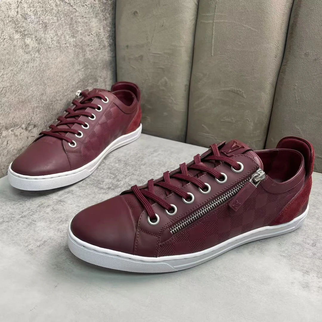 95新 LouisVuitton/路易威登 酒红色棋盘格侧翼拉链板鞋/41码