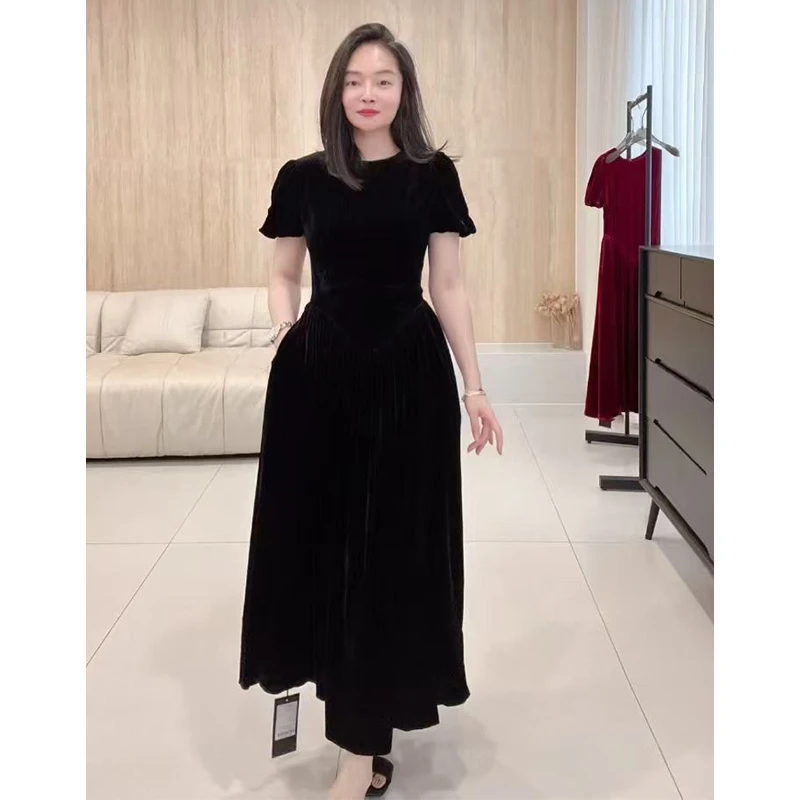 设计师品牌正品 早春新款真丝丝绒圆领收腰减龄连衣裙长裙裙子女