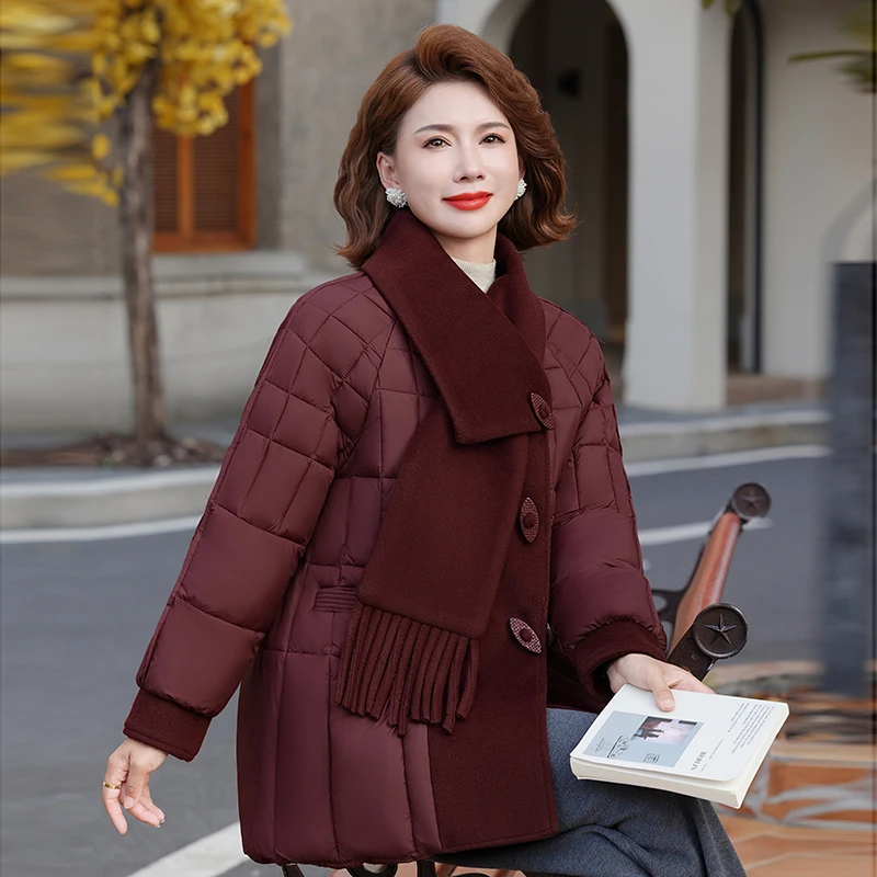 妈妈装冬装围巾领保暖棉服中长款过年衣服中老年人冬季棉衣外套女