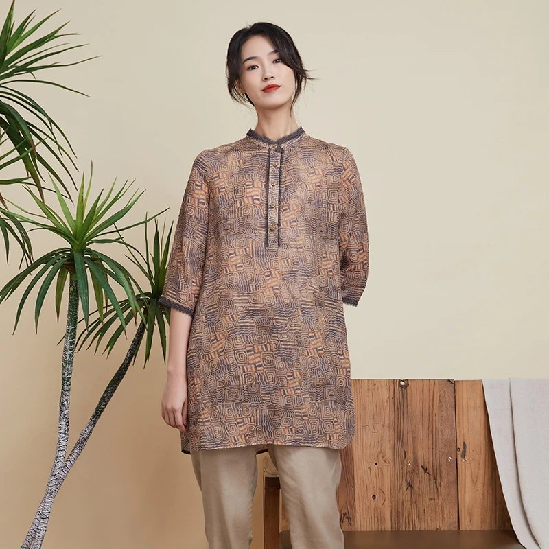 JXBX13布符夏新原创复古简约气质印花中式时尚七分袖衬衫上衣宽松