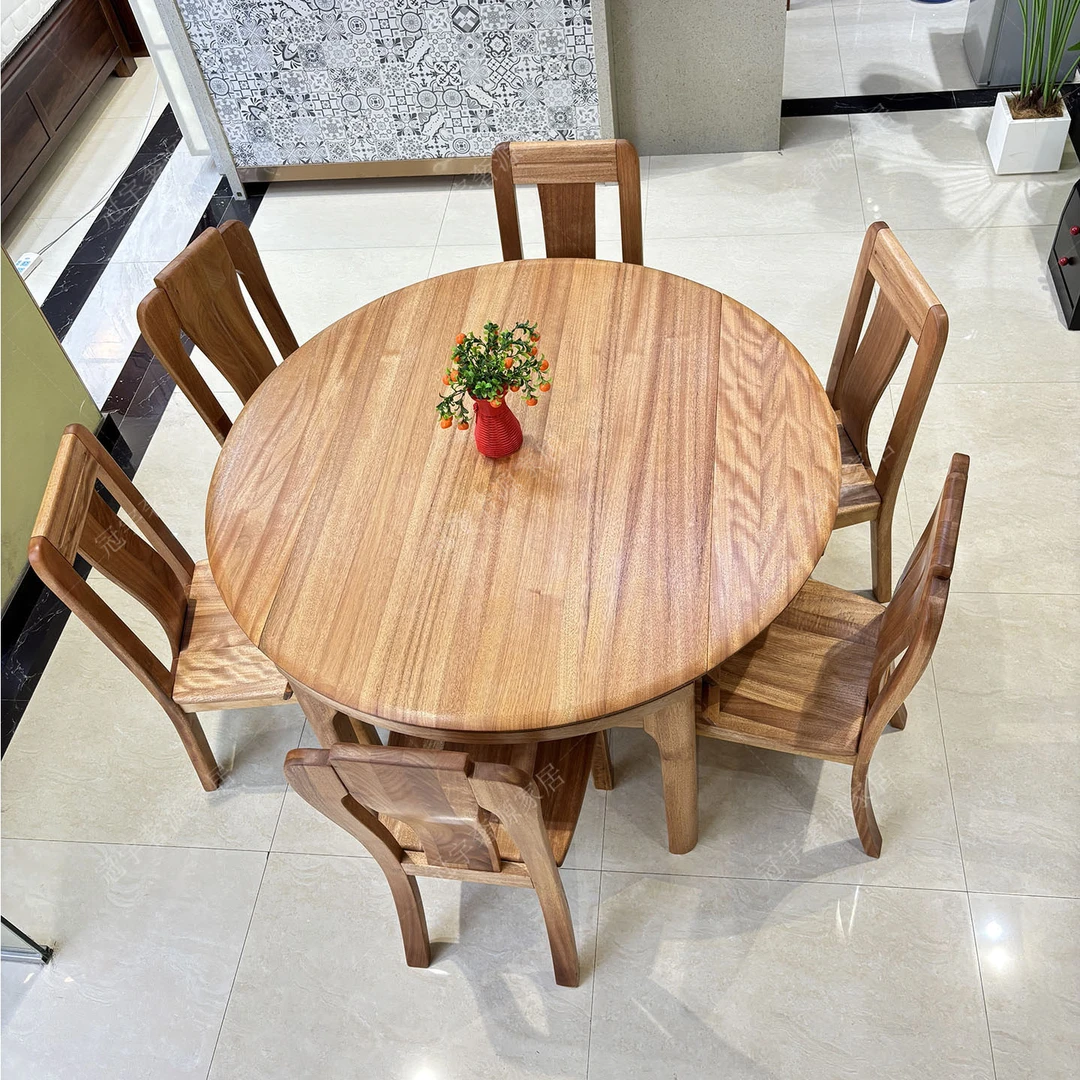 金丝檀木全实木蜡油餐桌椅子组合家用可伸缩折叠饭桌方圆两用桌子