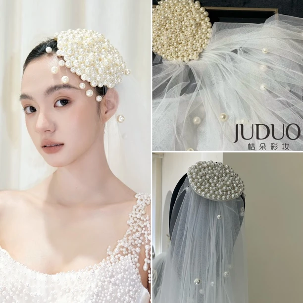 小众高级法式珍珠头纱 新娘头饰珍珠气质款