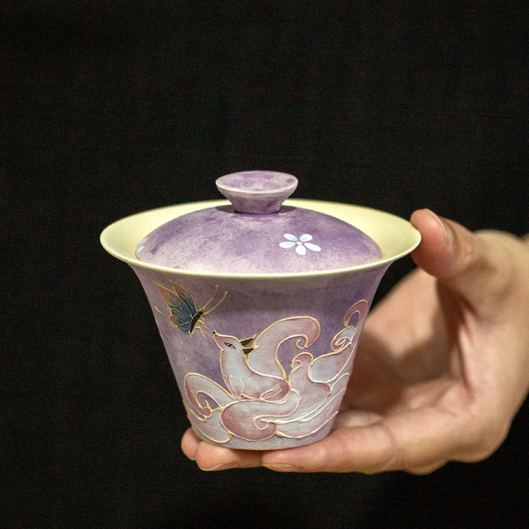 【小璟鹅】紫雾灵狐-盖碗 中式复古防烫带盖手绘陶瓷泡茶碗 140ml