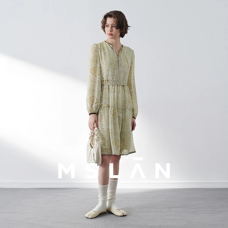 MSLAN【商场同款】春季新款绑带收腰抽褶雪纺连衣裙MGAT067