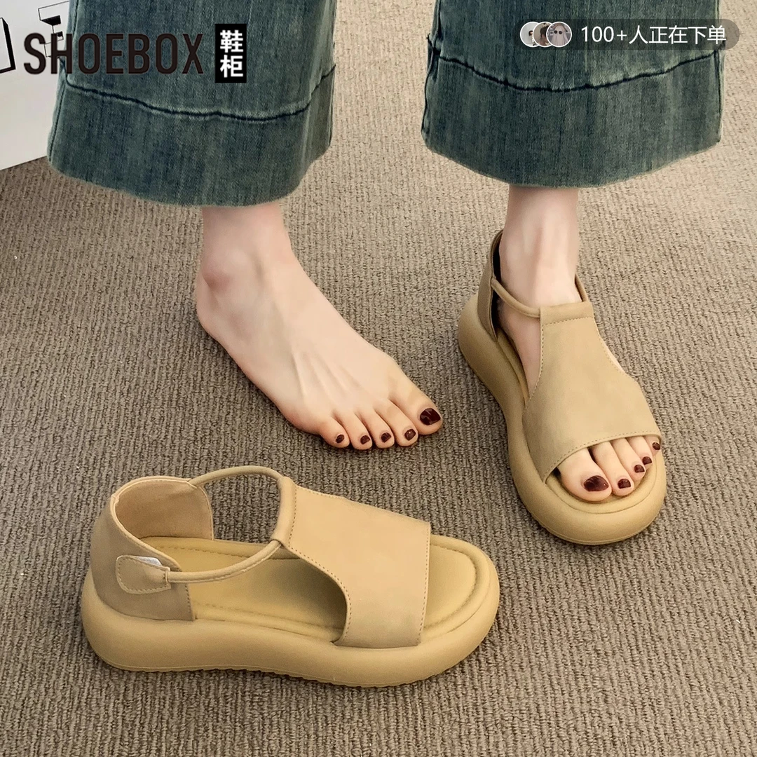 SHOEBOX鞋柜罗马凉鞋女2025新款夏外穿配裙子百搭软底沙滩鞋子