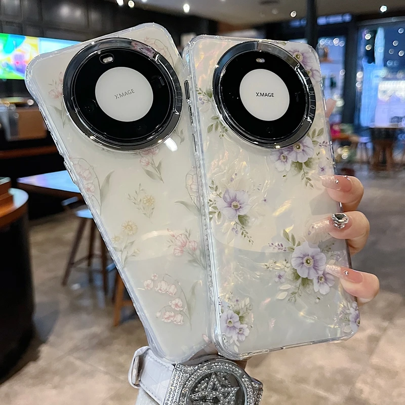 适用华为mate70系列苹果新款手机壳粉色风铃花全包防摔大孔镜头膜