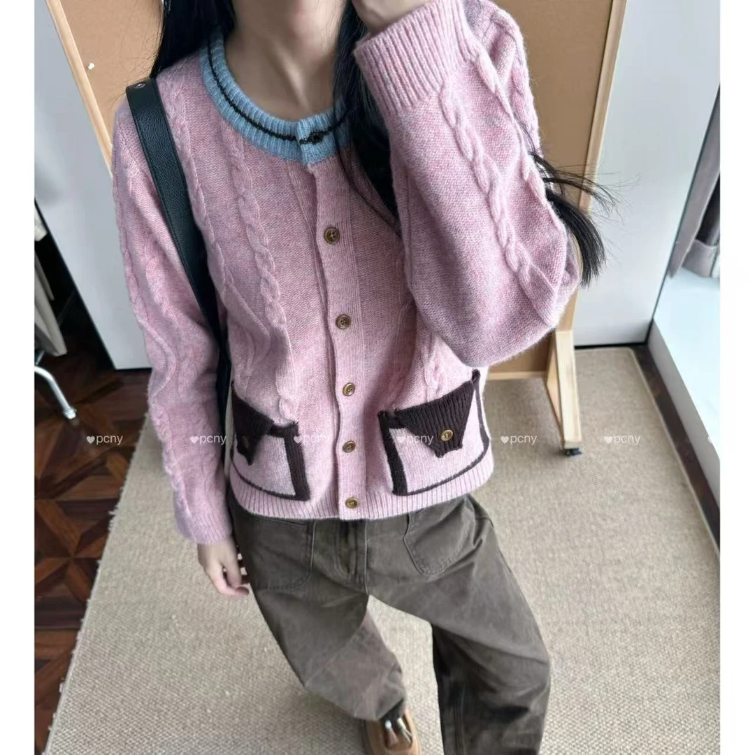 PCNY「甜美口袋」不理理秋季新款女装百搭休闲少女粉色针织开衫