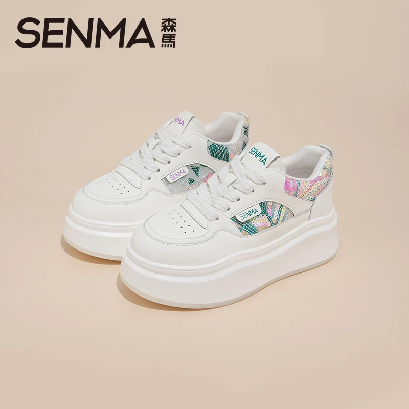 SENMA/森马【隐形增高6cm】百搭厚底2025小白鞋拼色ins时尚休闲女鞋