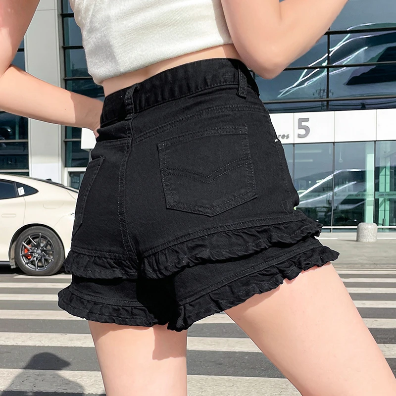 300斤大码女装黑木耳花边牛仔短裤女夏季新款胖mm高腰显瘦a字热裤