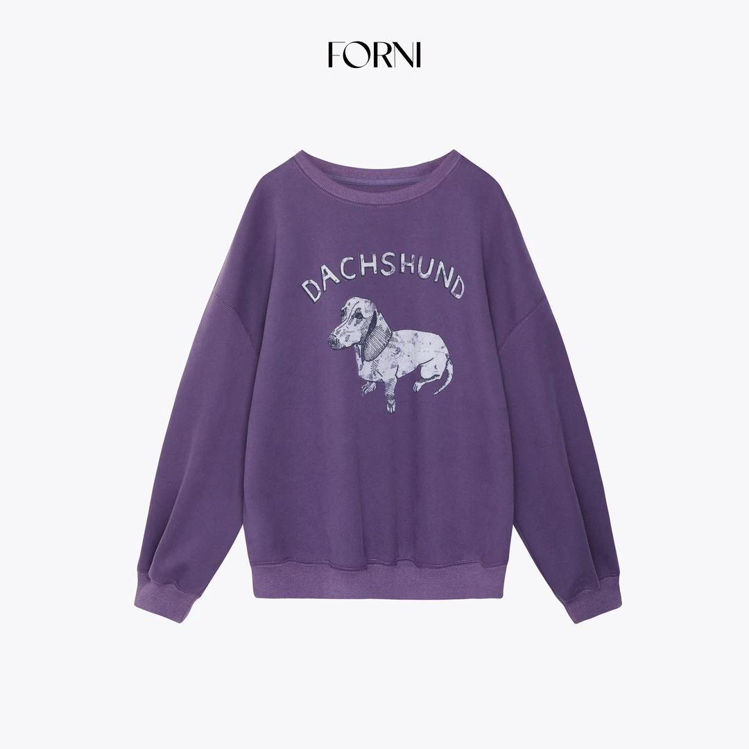FORNI 趣味街头 美式高街风腊肠狗印花宽松水洗棉卫衣
