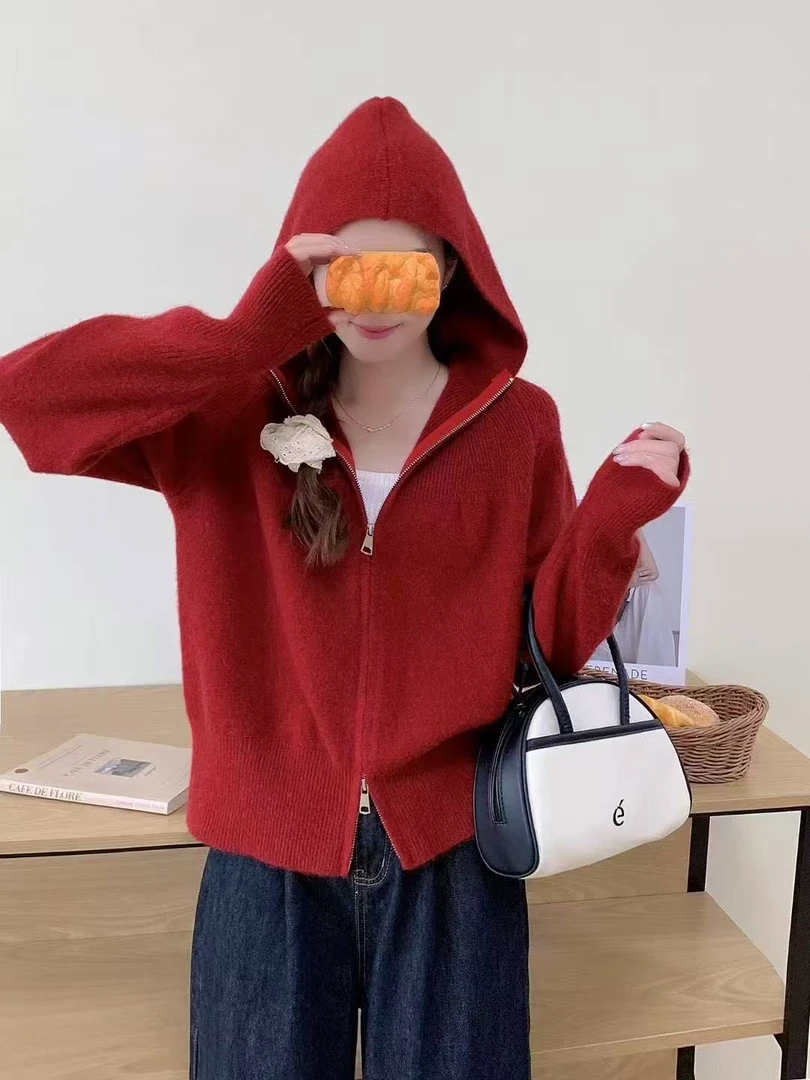 灰色拉链连帽毛衣开衫外套女款2025新款秋冬季慵懒风短款针织上衣