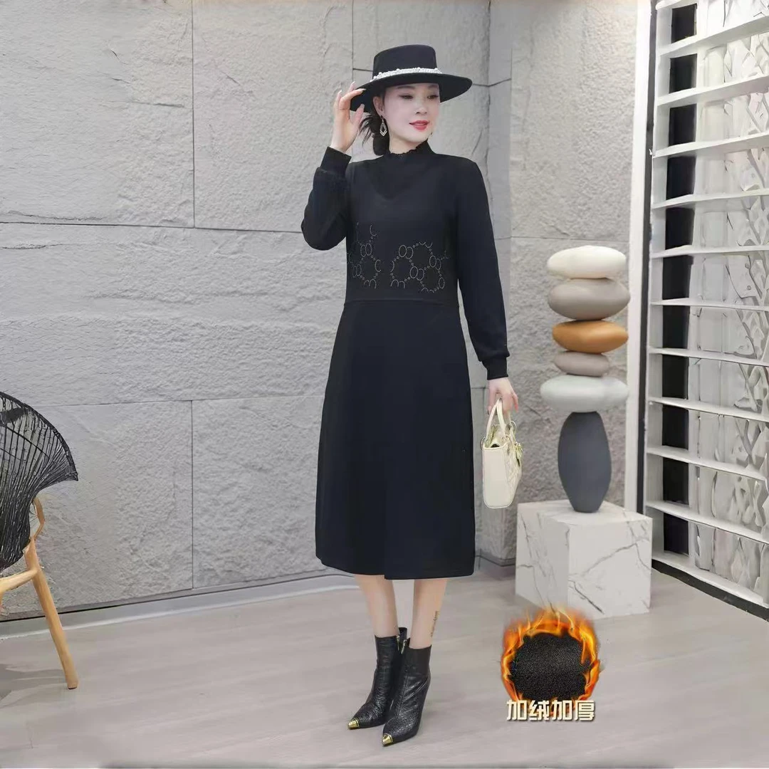 金金定制【烫钻假两件】加厚时尚显白减龄亲肤气质宽松连衣裙674